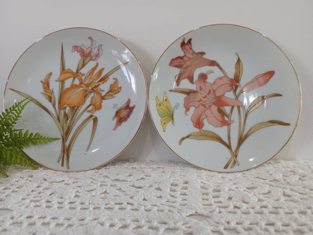 2 Vintage Fine China Plates/wall Hangers Sweet Lilies and Butterflies