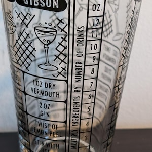 May include: Clear glass cocktail shaker with black text and illustrations. The text includes "GIBSON" and a recipe for a Gibson cocktail. Measurements are in ounces, with a scale for multiplying ingredients.