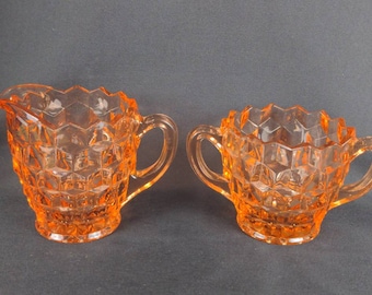 Awesome vintage mid century Indiana Whitehall Peach Colony open sugar bowl & creamer pitcher, USA