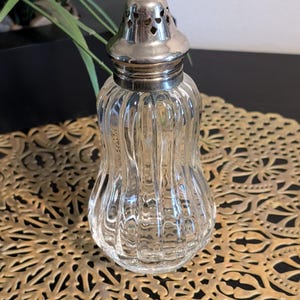 Antique Beveled Glass Sugar Dispenser/Shaker with White Screw-on Silver plated Lid, England