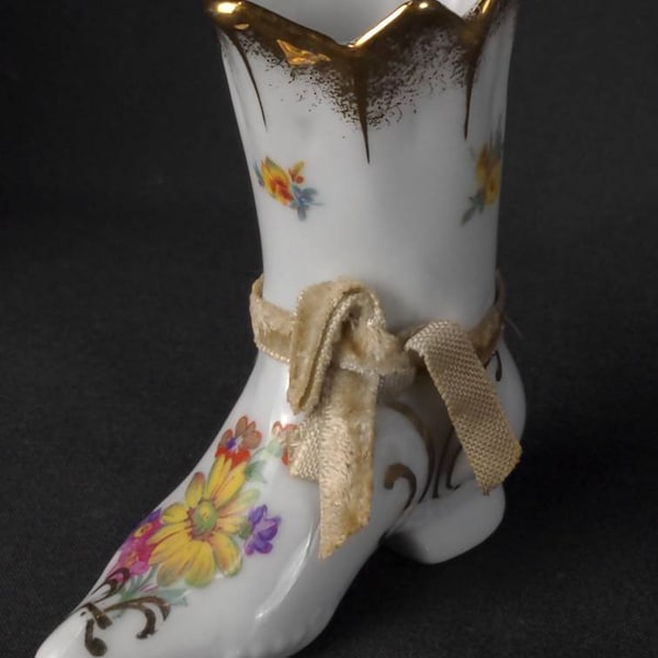 Antique Elfinware Germany miniature porcelain ladies tall boot collectable, gold trim