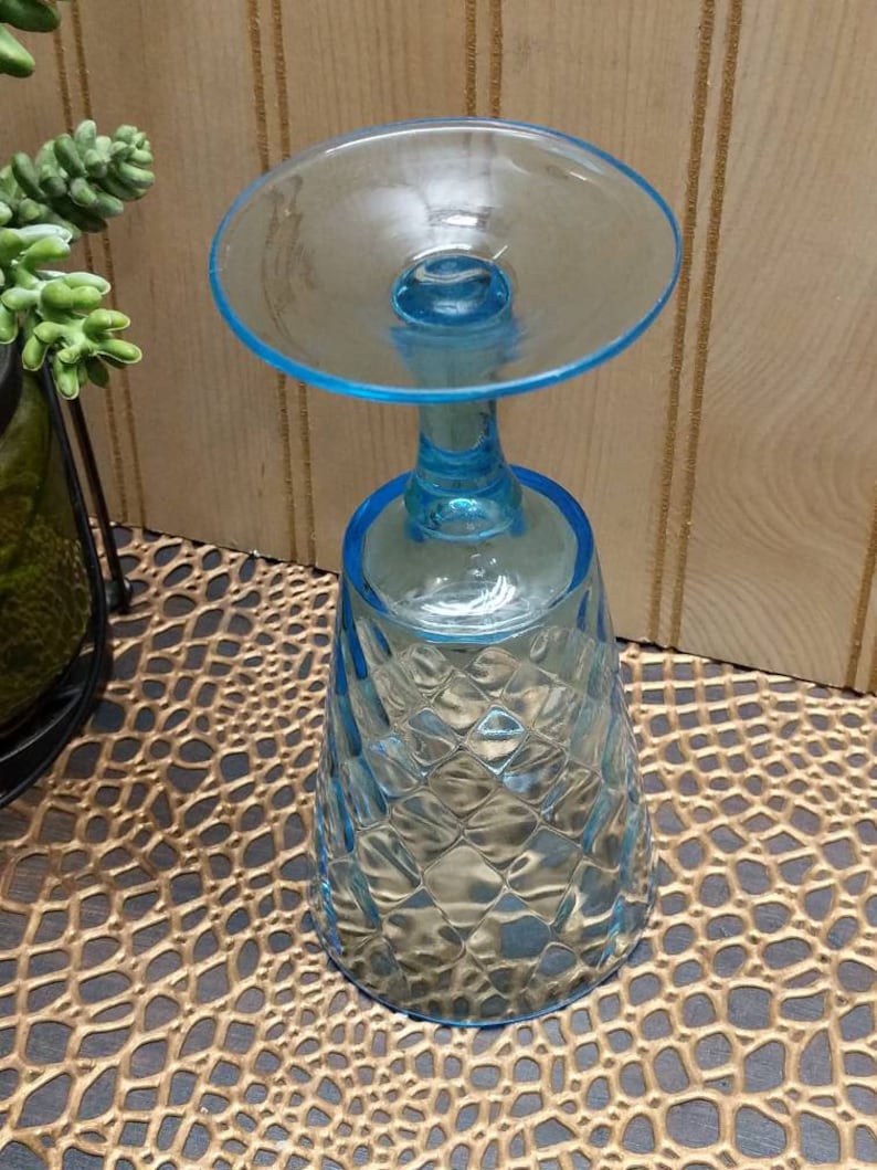 mid century glass Vintage aquamarine diamond optic style pedestal glass