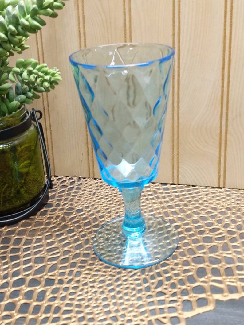 mid century glass Vintage aquamarine diamond optic style pedestal glass