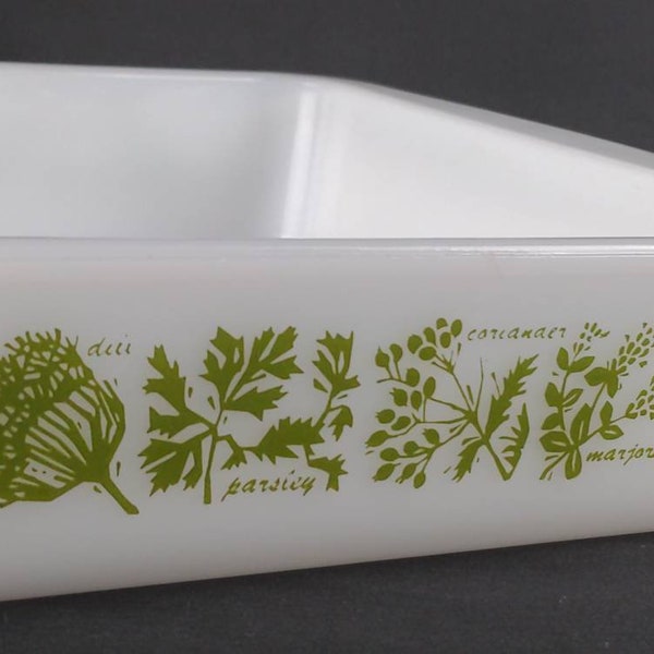 Vintage mid century Glasbake J2428 8" milk glass square baking dish/brownie pan, 'Green Garden Herb' retro olive green motif