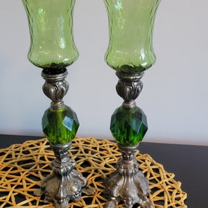 Super Cool MCM Avocado Green Lucite Diamond Optic 8" Cast Metal Candlestick Holder Set of 2