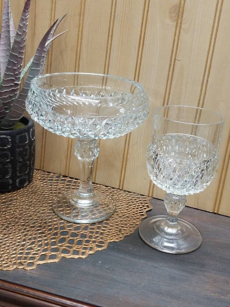Vintage Indiana Glass diamond point clear glass pedestal | Etsy