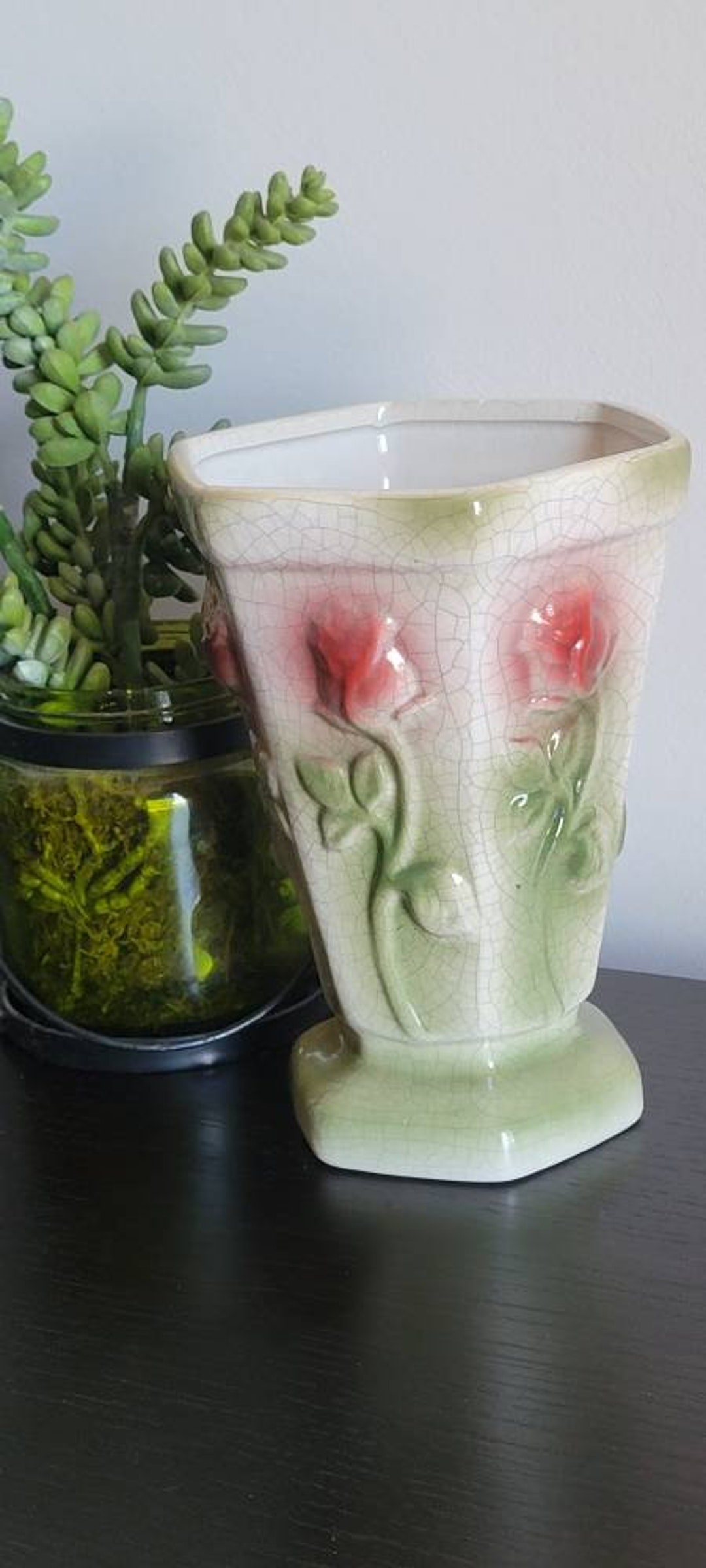 Beautiful MCM Bloom-rite Ceramic Pottery Crackle Vase With Embossed ...
