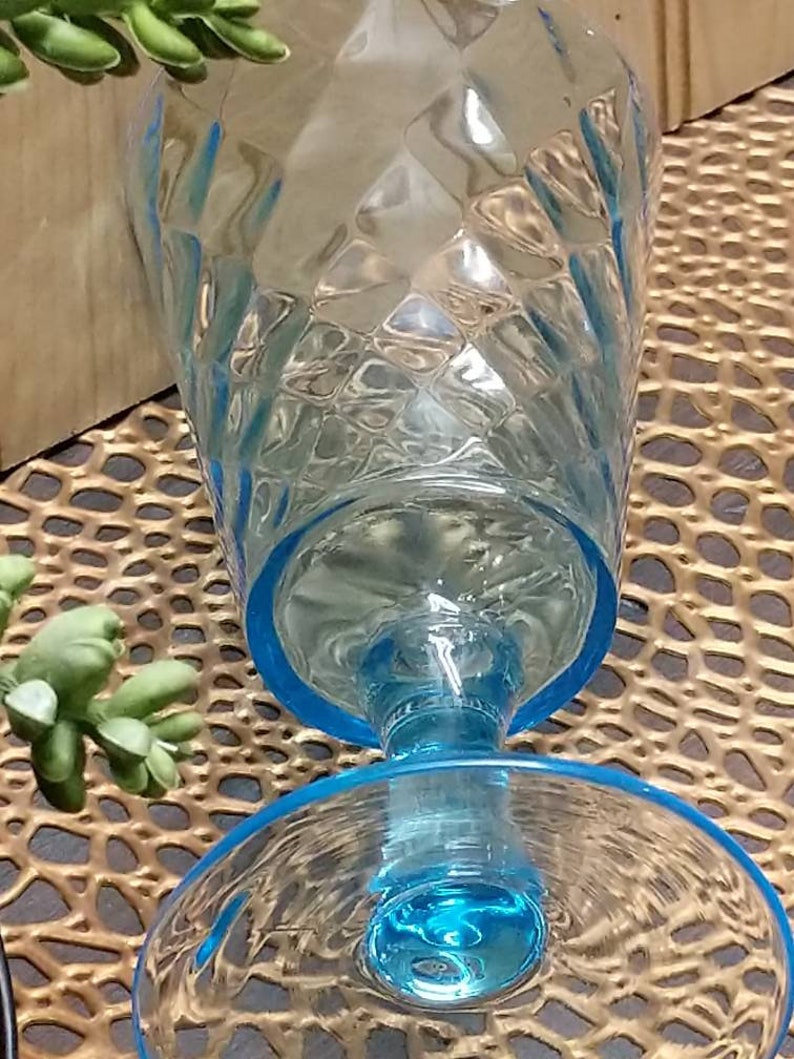 mid century glass Vintage aquamarine diamond optic style pedestal glass