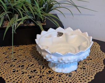 Awesome Fenton Hobnail Milk Glass Pedestal Candle Holder Bowl, Signed & Numbered 3541653-Original Maker's Sticker