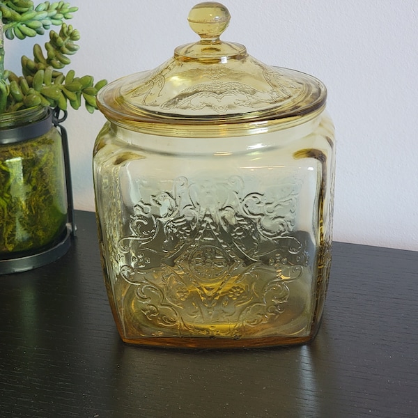 Antique Amber Madrid Depression Glass Lidded Biscuit Jar/ Cookie Jar/ Canister by Federal Glass