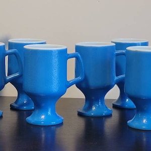 Awesome MCM Anchor Hocking Blue Milk Glass Pedestal Style Irish Coffee Mug Set, 6pc