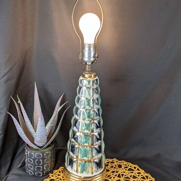 Sale price! Absolutely stunning mid century C. Miller Geometric Atomic Cube 25" table lamp-  blue, green & gold accents on white