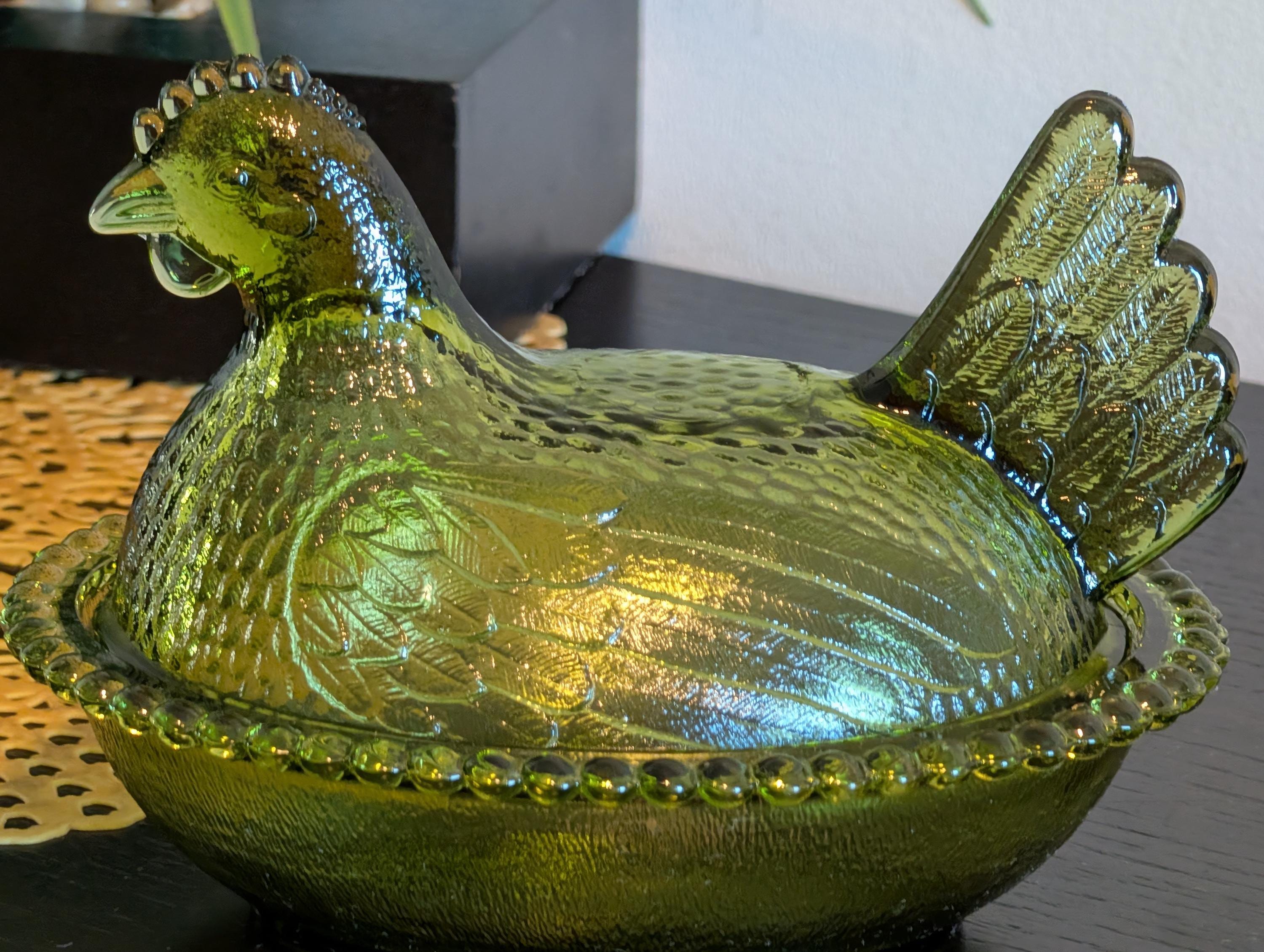 Awesome MCM Indiana Glass Avocado Green Hen on Nest, Lidded Dish