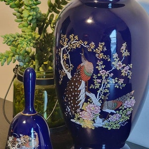 Awesome MCM 11&quot; Cobalt Blue Ginger Jar Oriental Vase with Metallic Pheasant & Matching Bell, Japan