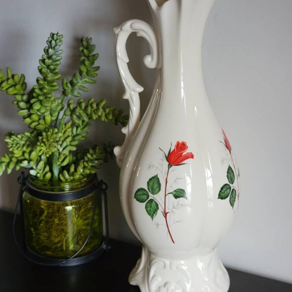 Awesome MCM Potluck Ceramics 14" Victorian Ewer Style White Glazed Vase/Water Pitcher with Red Rose Motif,  Artist Signed