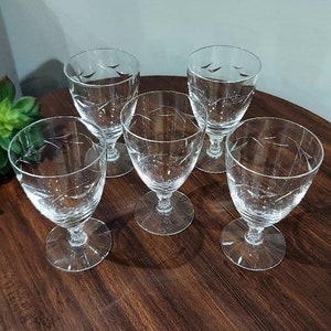 5  1950s Fostoria Serenade Etched Crystal Juice Glasses