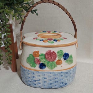 Vintage 1950s Ceramic Lidded Biscuit Basket with Handle