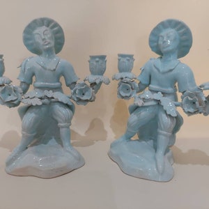 French Pair of Antique Asian Inspired Candelabras with Hand Applied Flowers and Clothing in Blue