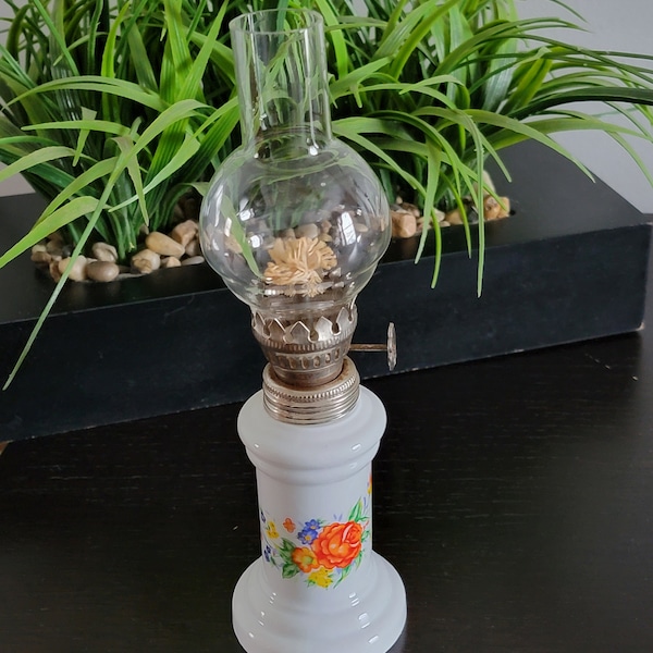 Vintage Mid-century Miniature 9" Porcelain Oil Lamp with Floral Motif