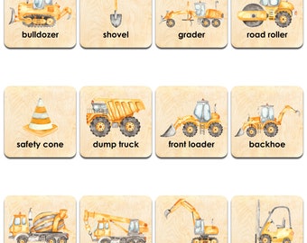Montessori Wooden Construction Game - Heavy Equipment Cards - Truck Game 4 Toddlers - Educational Wood Toys - Homeschool Learning Game - USA
