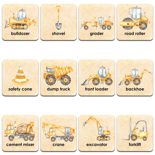 Montessori Wooden Construction Game - Heavy Equipment Cards - Truck Game 4 Toddlers - Educational Wood Toys - Homeschool Learning Game - USA