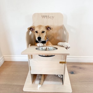 May include: A light-colored wooden dog feeding station with a stainless steel bowl. The name "Wiley" is engraved on the back. A small dog wearing a bow tie is sitting in the chair.