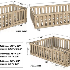 May include: Diagram showing the different sizes of a wooden crib with measurements in inches. The crib is shown in crib size, twin size, and full size. The standard mattress sizes for each are listed below the diagram.
