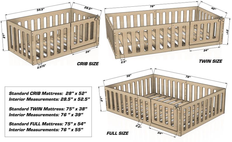 May include: Diagram showing the different sizes of a wooden crib with measurements in inches. The crib is shown in crib size, twin size, and full size. The standard mattress sizes for each are listed below the diagram.