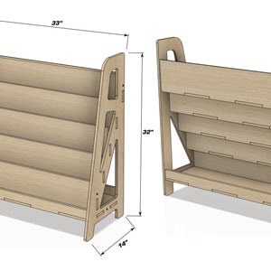 May include: A light-colored wooden bookshelf with four shelves. The bookshelf is 33 inches wide, 32 inches tall, and 14 inches deep. The shelves are 2 inches deep. The design is modern and minimalist.