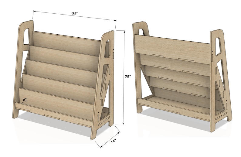May include: A light-colored wooden bookshelf with four shelves. The bookshelf is 33 inches wide, 32 inches tall, and 14 inches deep. The shelves are 2 inches deep. The design is modern and minimalist.