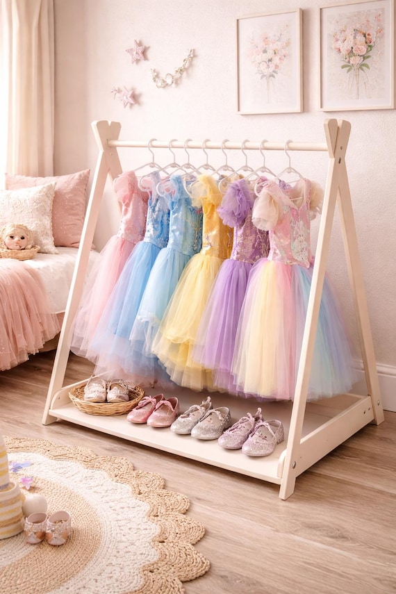 dress up storage Clothing Rack for Kids Montessori Wooden Clothing Rack for Playroom Wardrobe TILLY Size:30x30 Helsa Sabine Dress by spring21 Storage rack shoes and more