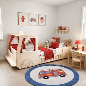 Fire Engine Floor Bed For Child Children’s Truck Bed Toddler Fire Engine Bed Floor Toddler Bed for Kids Room Fun Kids Room- 5 ALARM BED