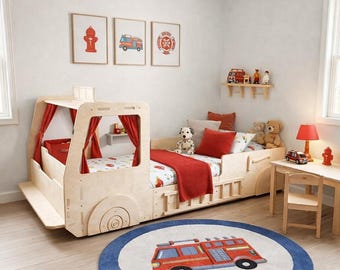 Fire Engine Floor Bed For Child Children’s Truck Bed Toddler Fire Engine Bed Floor Toddler Bed for Kids Room Fun Kids Room- 5 ALARM BED