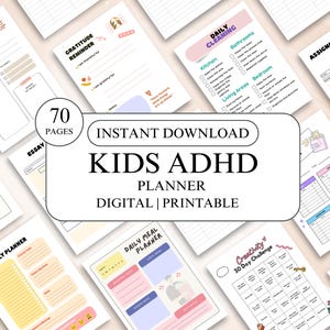 Könnte beinhalten: Eine Sammlung druckbarer Planerseiten mit weißem Hintergrund. Die Seiten enthalten Abschnitte für die Tagesplanung, Dankbarkeitserinnerungen, Reinigungschecklisten und Essensplanung. Der Text "KIDS ADHD PLANNER" wird zusammen mit "DIGITAL | PRINTABLE" angezeigt.