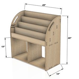 May include: A light-colored wooden bookshelf with a curved top and multiple compartments. The bookshelf is 29 inches tall and wide, with a depth of 13 inches. It features a section for books and a lower storage area.