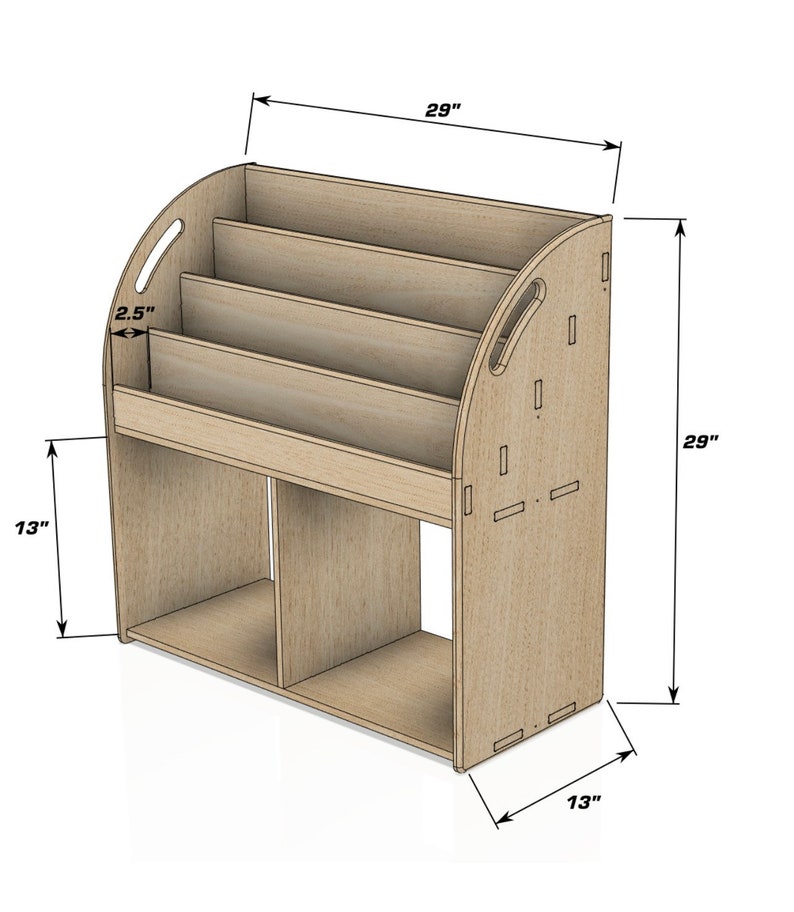 May include: A light-colored wooden bookshelf with a curved top and multiple compartments. The bookshelf is 29 inches tall and wide, with a depth of 13 inches. It features a section for books and a lower storage area.