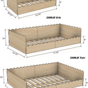 May include: Three wooden bed frames with scalloped edges are shown. The crib is 53.75" long, 30.75" wide, and 19" high. The twin bed is 77.25" long, 41.25" wide, and 19" high. The full bed is 77.25" long, 57.25" wide, and 19" high.