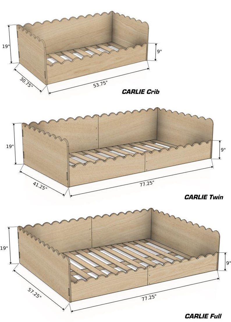 May include: Three wooden bed frames with scalloped edges are shown. The crib is 53.75" long, 30.75" wide, and 19" high. The twin bed is 77.25" long, 41.25" wide, and 19" high. The full bed is 77.25" long, 57.25" wide, and 19" high.