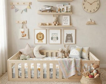 モンテッソーリ式幼児用フロアベッド 木製家具 子供用フロアベッド 幼児用ベッド レール付きフロアベッド スラット付きベッド AVA 21インチ高サイド