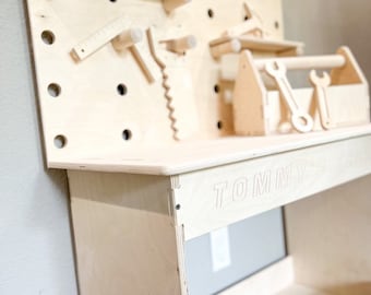 Toddler Pegboard Tool Bench – Montessori Wood Toy, USA Made Educational Furniture