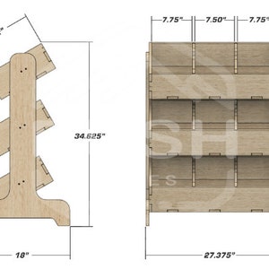 May include: A wooden display stand with five shelves, each with three compartments. The stand is 88 cm tall, 69.5 cm wide, and 45.7 cm deep. The shelves are made of wood and have a natural finish.