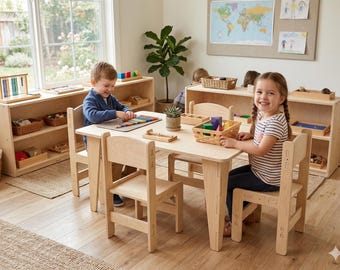 Montessori Classroom Table and Chair Set for 4, Baltic Birch Plywood Kids Desk, Preschool Furniture, Daycare Learning Table REMI