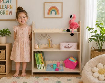 Półka na zabawki z falbanką dla maluchów, półka na zabawki Montessori, dekoracja do pokoju zabaw, meble Montessori, półka na zabawki RAY