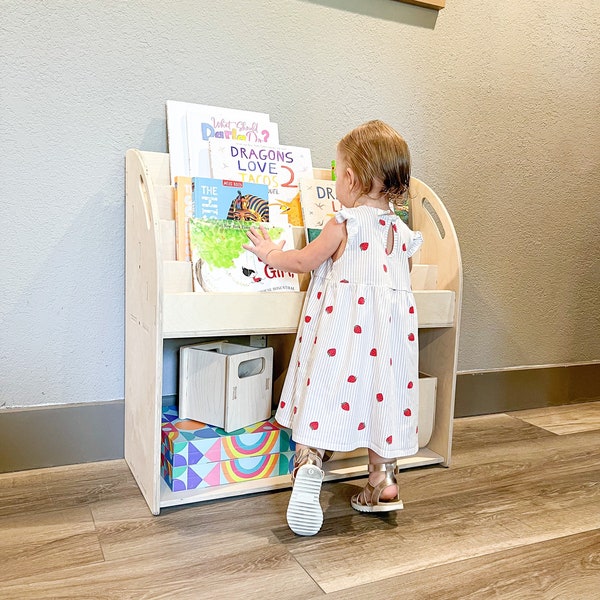 Montessori Bookshelf with Storage Cubbies Toddler Bookcase Montessori Wooden Furniture Nursery Gift Wooden Bookshelf LARISSA