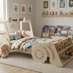 Montessori Tractor Bed Toddler, Wooden Floor Bed Frame Kids, Birch Plywood Twin Bed, Farm Theme Bedroom Furniture, Boys Bed
