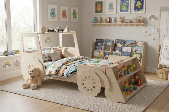 Montessori Tractor Bed Toddler, Wooden Floor Bed Frame Kids, Birch Plywood Twin Bed, Farm Theme Bedroom Furniture, Boys Bed O'REILLY