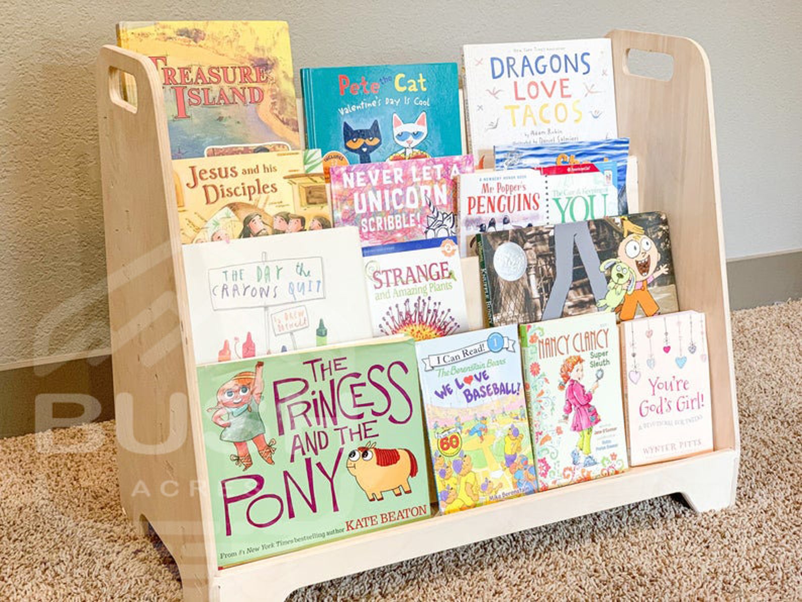 Low wooden 4 shelf bookshelves for kids