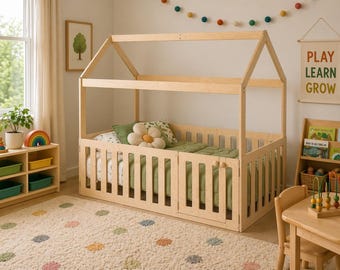 Cama Montessori de suelo, cama tipo casita para niños pequeños, muebles de madera para niños pequeños, cama tipo cabaña para niños MIGUELITO