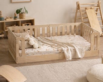 Montessori-bed op de vloer met rails voor peuters houten bed voor samen slapende kinderen AVI