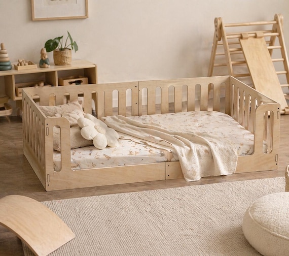 Montessori Toddler Floor Bed with Rails Toddler Floor Bed for Co-Sleeping Kids Wooden Bed AVI